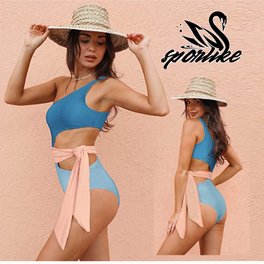 SPORLIKE Asymmetric Ribbed Color Block One-Piece Swimsuit  -  NEW WITH T…
